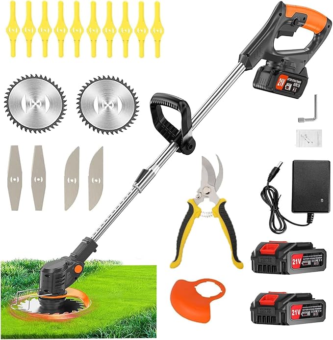 Photo 1 of 21V Cordless Weed Wacker Electric String Trimmer/Edger, 2.0Ah Battery and Charger Included, Brush Cutter Lawn Mower with 3 Types of Blades, for Lawn, Yard and Bush Trimming