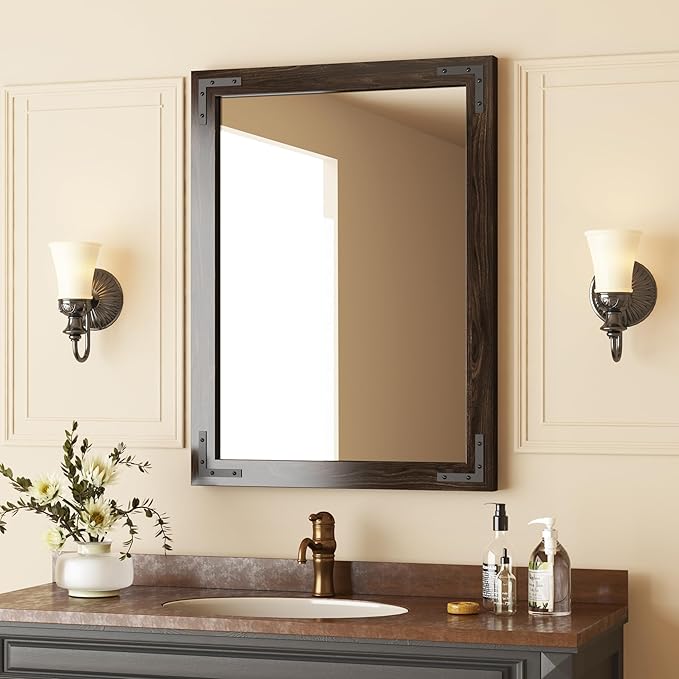 Photo 1 of VocalStar Black Wood Framed Mirror 22 x 30 Inch, Rustic Natural Black Wooden Rectangle Bathroom Vanity Wall Mirror for Farmhouse Boho Decor, 1/4-inch Shatterproof Glass | Waterproof