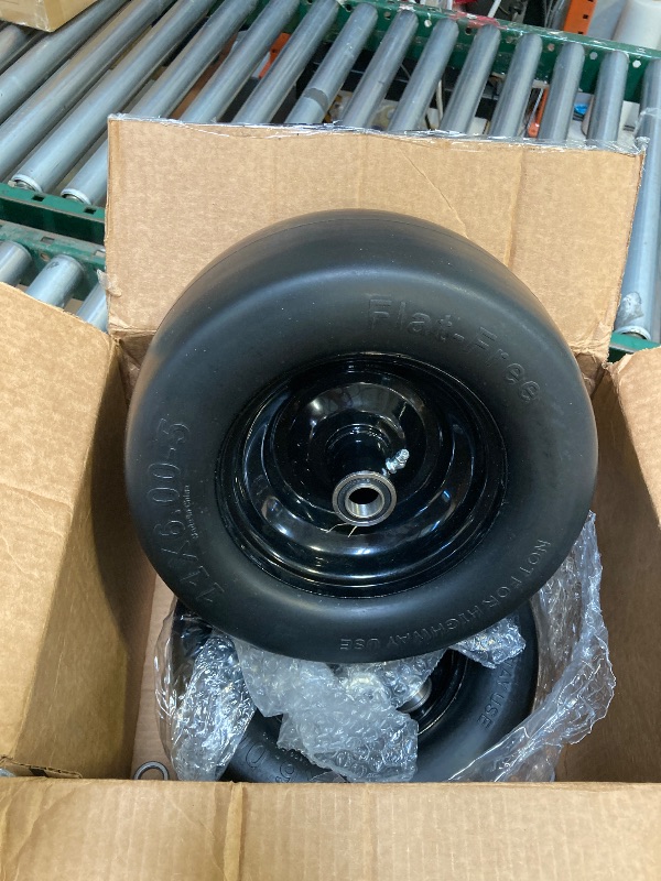 Photo 1 of  2PCS 11x6.00-5 Flat Free Tire and Wheel with 1/2" & 3/4" & 5/8" Precision Bearings and 5.8"-10.4" Centered Hub, Black Front Zero-Turn Smooth Tire Replacement for Riding Lawn Mowers Garden Tractor 
