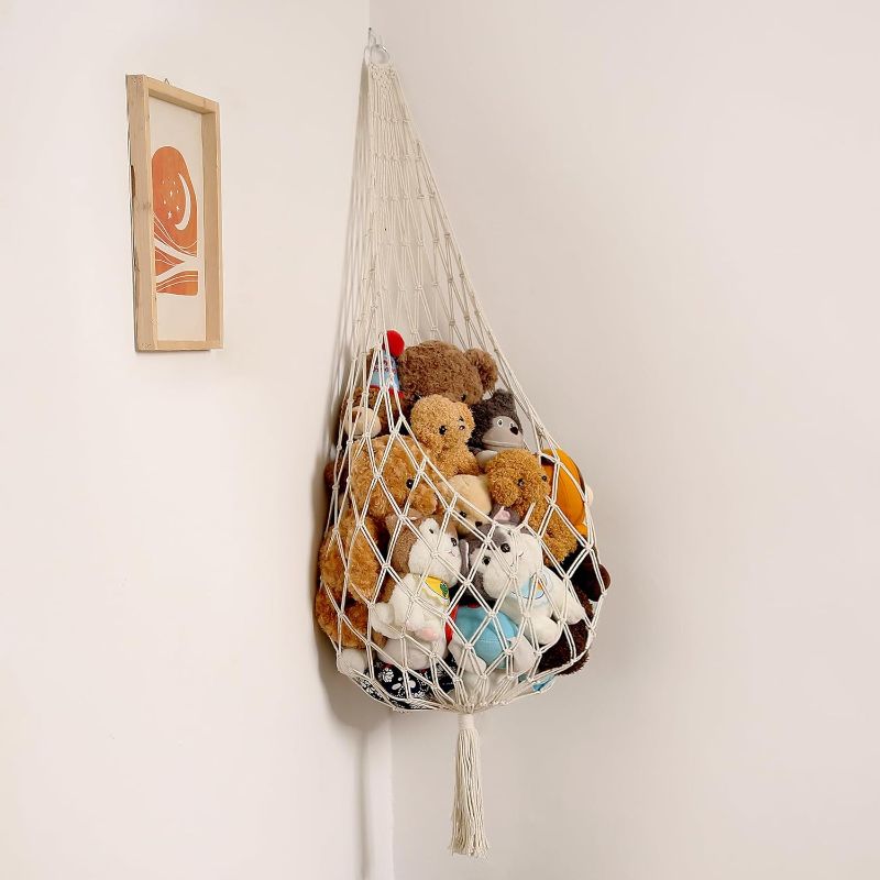 Photo 1 of Stuffed Animal Storage Organizers Corner Hanging Net Stuffy Animal Hammock Macrame Toy Display Plush Toy Holder Wall, Kid Bedroom Decor Boho Nursery Playroom Organizer (Cream)
