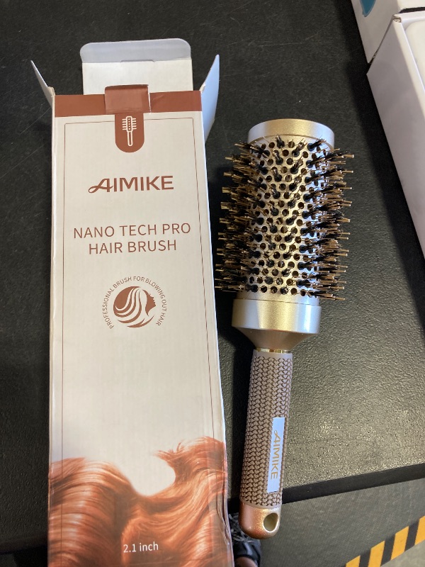 Photo 1 of AIMIKE Round Hair Brush, Nano Thermal Ceramic & Ionic Tech, 2.1 Inch Barrel with Boar Bristles for Enhanced Texture, Golden, Hair Drying, Styling, Curling and Shine 