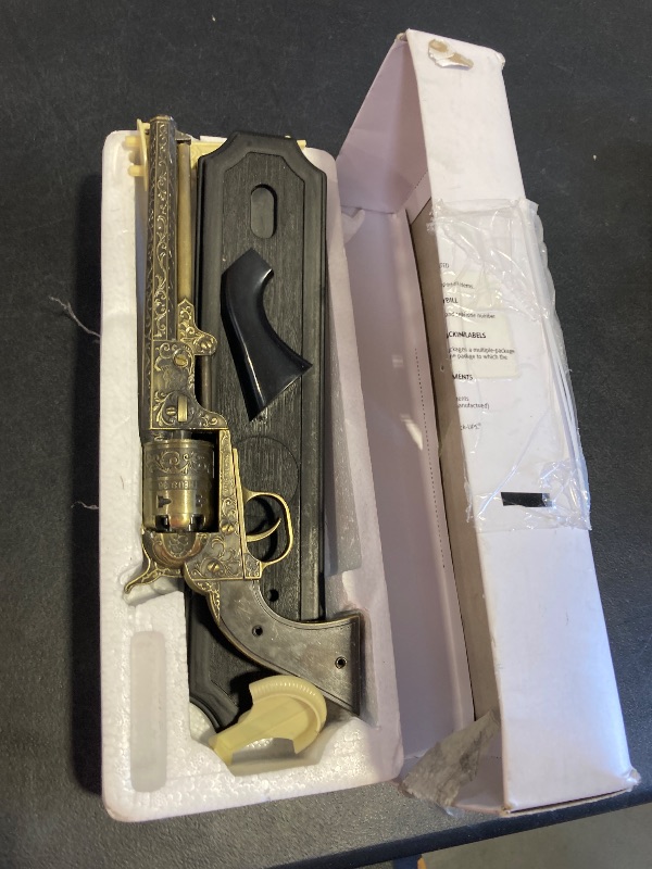 Photo 1 of BladesUSA - Decorative Western Revolver with Display Stand - 13-inches Overall, Western Style Navy Revolver with Ornate Engravings on Body - SMB-110BK - Decorative, Collectible, Cosplay