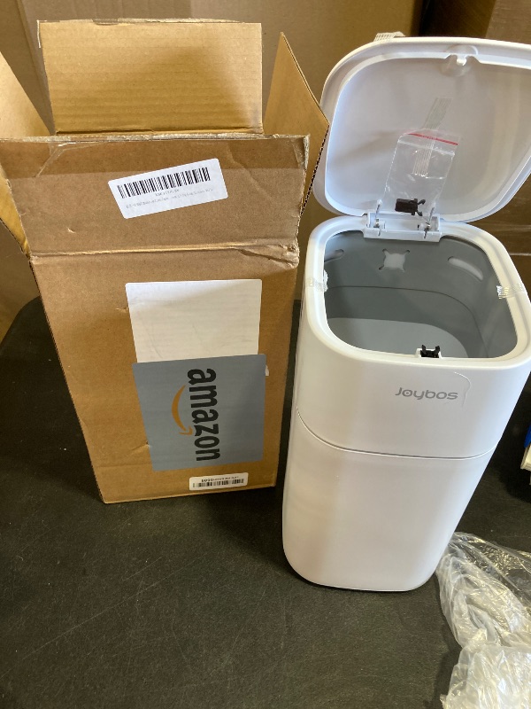 Photo 1 of O-MART Bathroom Trash Can with Lid, 1.9 Gallon Small Garbage Can with Press Top Lid, Plastic Wastebasket for Toilet, Office, Bedroom, Living Room, Kitchen, White