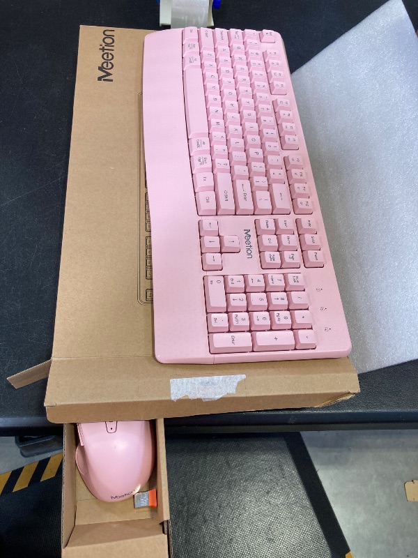 Photo 1 of MEETION Wireless Keyboard and Mouse, Full-Sized Cordless Keyboard with Wrist Rest and 3 DPI Adjustable Mouse, 2.4G Wireless, Compatible with PC/Computer/Laptop/Windows/Mac, Pink