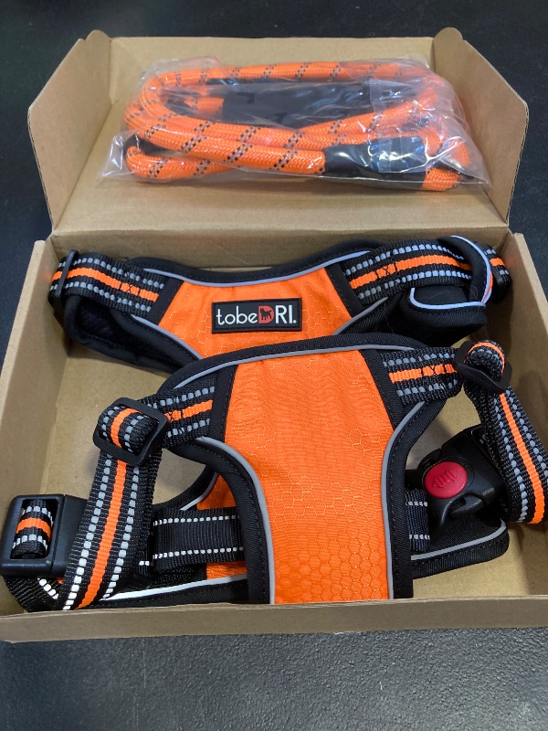 Photo 1 of tobeDRI No Pull Dog Harness Adjustable Reflective Oxford Easy Control Medium Large Dog Harness with A Free Heavy Duty 5ft Dog Leash (L (Chest: 25.5"-31"), Orange Harness+Leash)