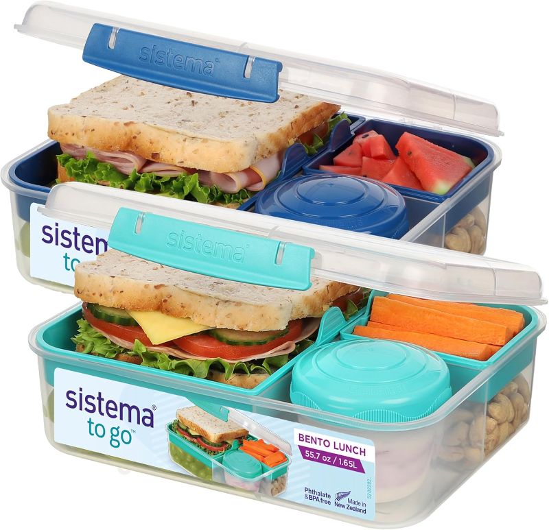 Photo 1 of Sistema TO GO Bento Box Cubes | 1.65 L | School Lunch Boxes With Compartments & Snack Pots | BPA-Free | 2 Count | Minty Teal & Ocean Blue
