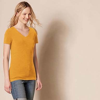 Photo 1 of Amazon Essentials Women's Regular-Fit Short-Sleeve V-Neck T-Shirt, Pack of 1, Light Yellow/Golden Yellow, Large