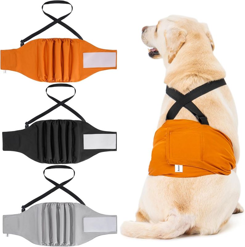 Photo 1 of 3 Pack Avont Male Dog Belly Band with Suspenders, Reusable Boy Doggie Diaper with Harness, Escape Proof, Non-Slip, Washable Doggy Pee Wraps for XL Dogs
