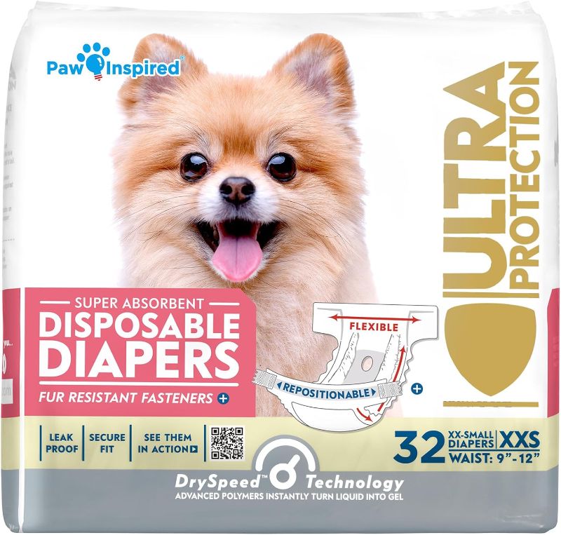 Photo 1 of Paw Inspired Disposable Dog Diapers, Female Dog Diapers Ultra Protection, Diapers for Dogs in Heat, Excitable Urination, or Incontinence, XXS 32 Count

