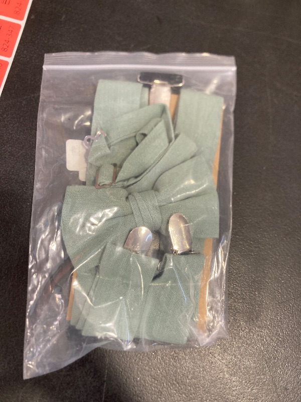 Photo 1 of BELLUNO Dusty Sage Pre-tied Bow Tie and Suspenders Set, Cotton and Linen