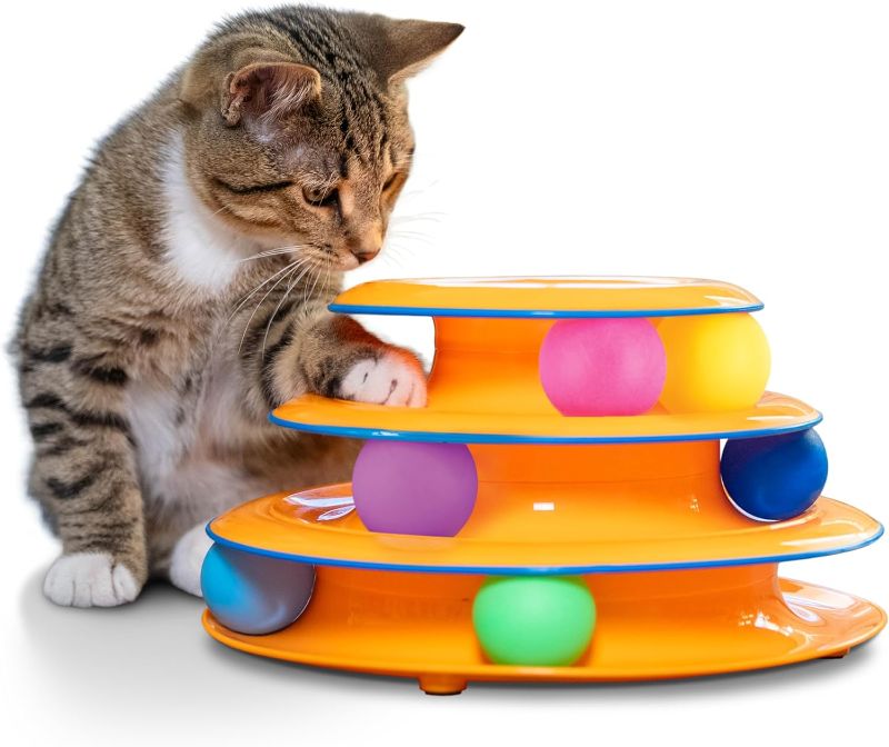 Photo 1 of Catstages Tower of Tracks – 3-Level Interactive Cat Toy with 6 Spinning Balls, Non-Slip Base, Ideal for Indoor Cats, Orange
