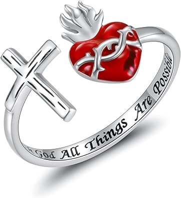 Photo 1 of Sacred Heart of Jesus Ring 925 Sterling Silver Cross Rings God's Love Jewelry Amulet Gifts for Women
