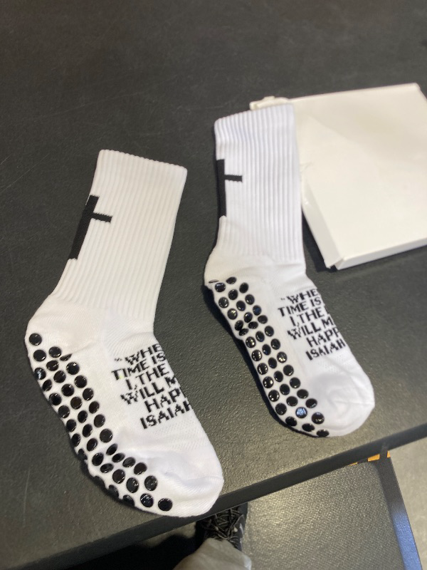 Photo 1 of Christian Grip Cross Socks Anti Slip Religious Soccer Socks Bible Verse for Football Sport(White,Isaiah 60:22)