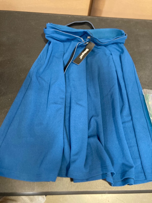 Photo 1 of Allegra K Women's Office Work Skirts Belted Waist Midi A-Line Pleated Skirt Medium Blue
