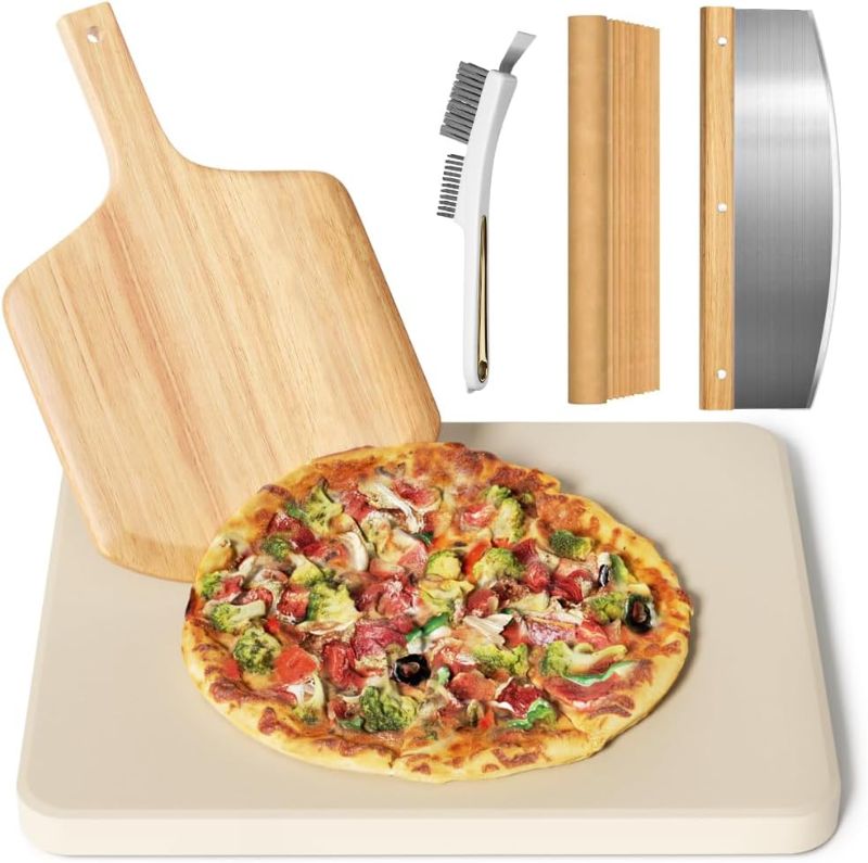 Photo 1 of 5 PCS Rectangle Pizza Stone Set, 16"Large Pizza Stone for Oven and Grill with Pizza Peel(OAK), Pizza Stone Brush,Pizza Cutter & 10pcs Cooking Paper for Free, Baking Stone for Pizza, Bread,BBQ
