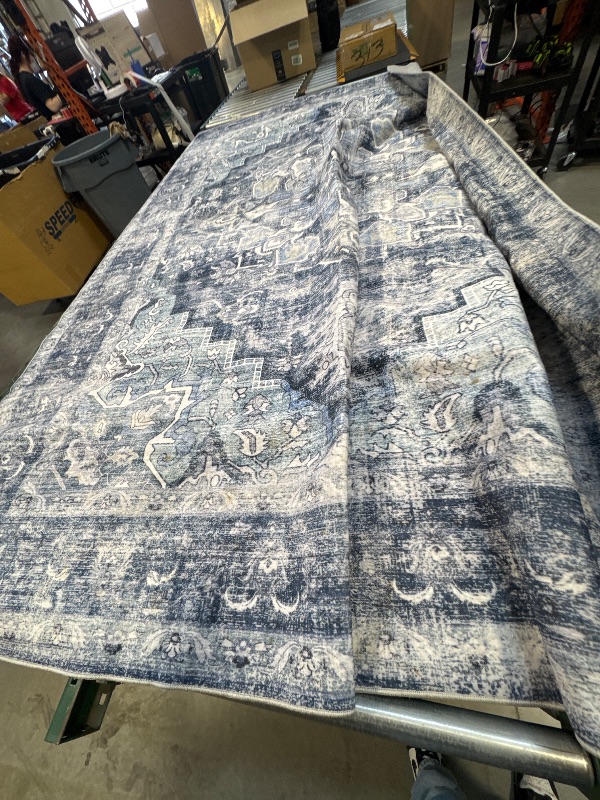 Photo 1 of 10x8Washable Area Rug 8'x10' Dark Blue Retro Boho Design Non-Shedding Non-Slip Easy Care Ideal for High Traffic Areas in Living Room Bedroom Office Coffee Table Kitchen Large Carpet
