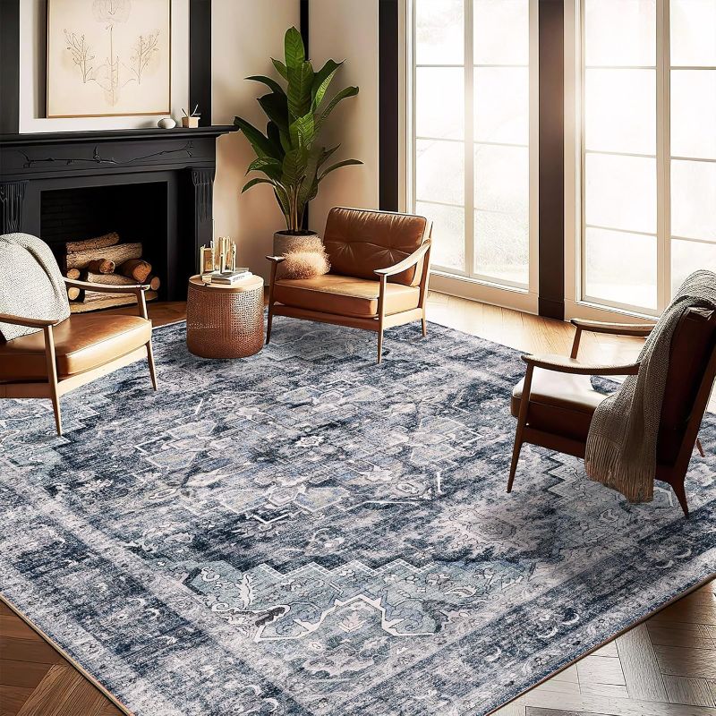 Photo 1 of 10x8Washable Area Rug 8'x10' Dark Blue Retro Boho Design Non-Shedding Non-Slip Easy Care Ideal for High Traffic Areas in Living Room Bedroom Office Coffee Table Kitchen Large Carpet
