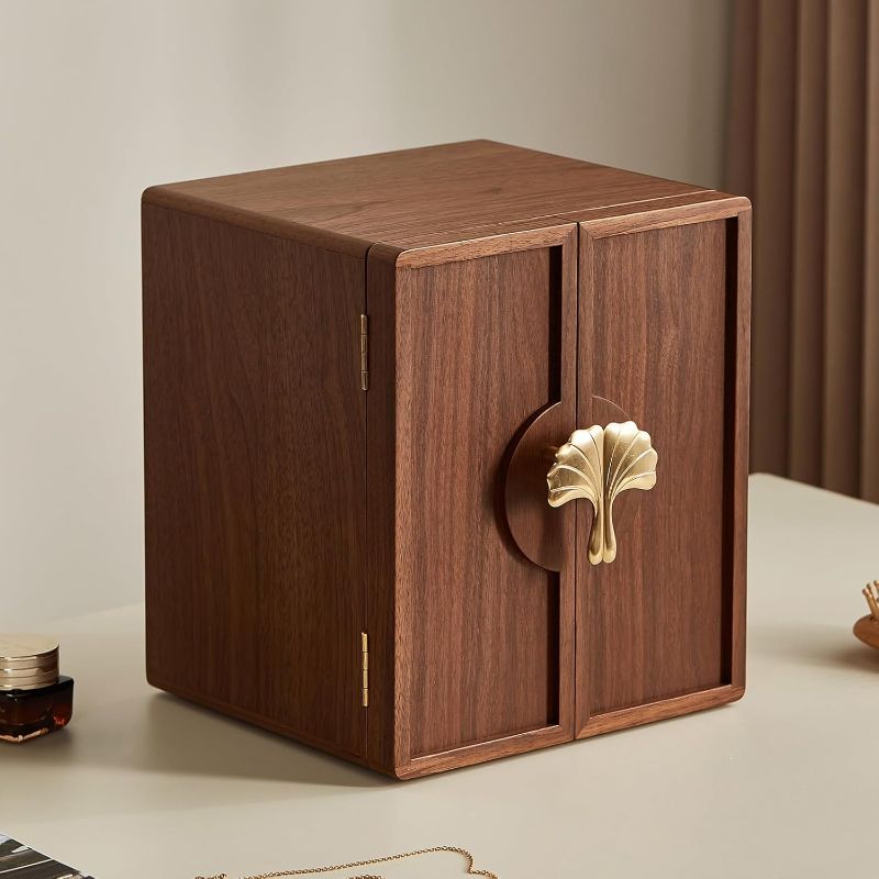 Photo 1 of Wooden Jewelry Box 5 Layer Black Walnut Large Jewelry Organizer with Brass Handle for Necklaces Rings Earrings Watches Storage, Gifts(7.9x8.7x10.0inches)
