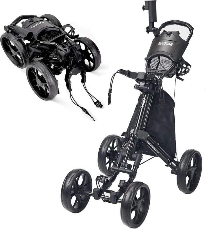 Photo 1 of Golf Push Cart 4-Wheels,Folding Golf Cart, Golf Pull cart with Cup Holder,Umbrella Holder,Cooler Bag, Foldable with one-Click,Handle Height Adjustable,Drink Holder,Walking Push cart
