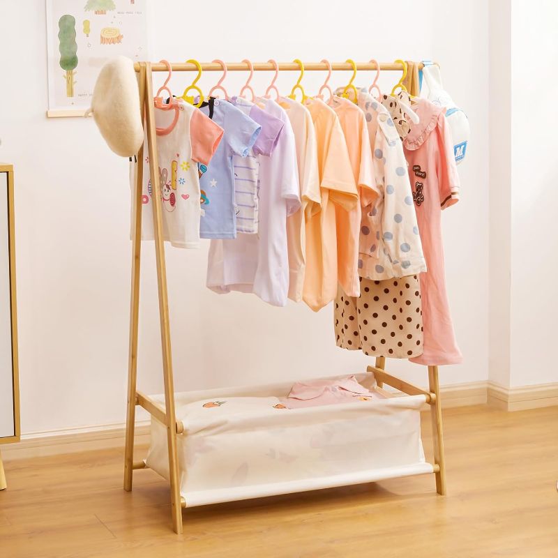 Photo 1 of Kids Clothing Rack with Storage Box, Dress up Holder, Child Garment Stand with Hanging Rods, Small and Foldable, Bamboo (Natural)

