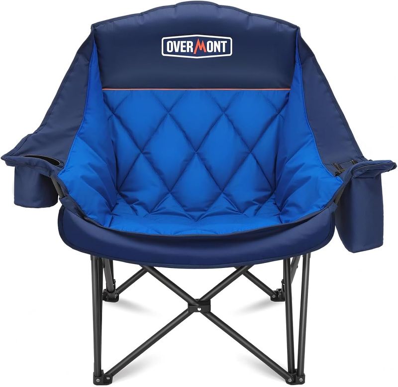 Photo 1 of Overmont Oversized XL Camping Chair for Adults - 450lbs Support Heavy-Duty Padded Folding Chair with Side Pocket Cup Holder Cooling Bag for Outdoor Sports Garden Beach Fishing Lawn Blue
