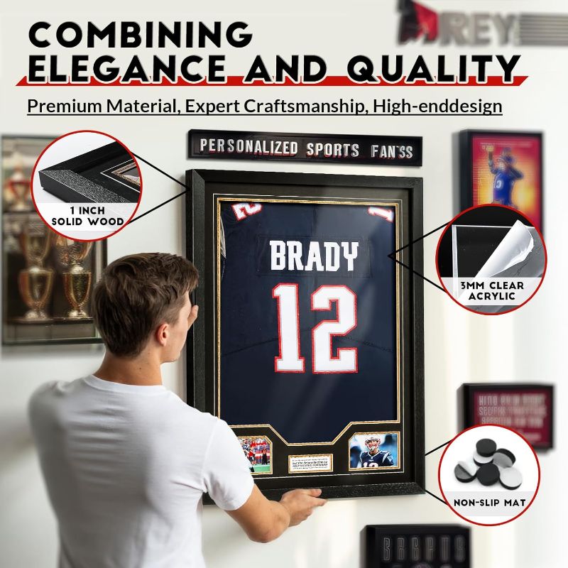 Photo 1 of JupDec Jersey Frame Display Case, Large Clear Acrylic Shadow Box with UV Protection for Baseball Basketball Football Soccer Hockey shirts, Wall Mount Wooden Showcase, Idea Gift for Sports fans, 1 pack
