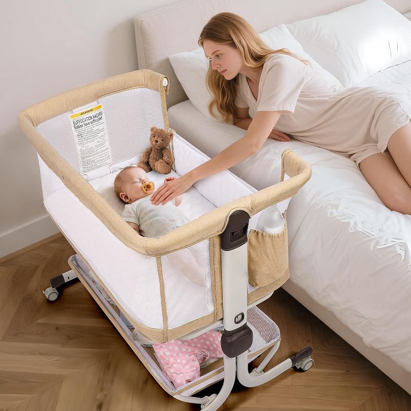 Photo 1 of Baby Bassinet Bedside Sleeper, Upgraded Stability Bedside Crib with Full Mesh Sides, Soft Sheet, 6-Height Adjustment, Storage Basket, Easy Folding Portable Bassinet for Newborns, Oatmeal
