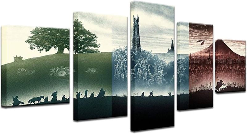 Photo 1 of HAOSHUNDA Lord of The Rings Trilogy Inspired Poster Wall Art Home Wall Decorations for Bedroom Living Room Oil Paintings Canvas Prints 5 Panel Canvas Print Wall Art (12x20x2,12x28inx2,12x32inx1)