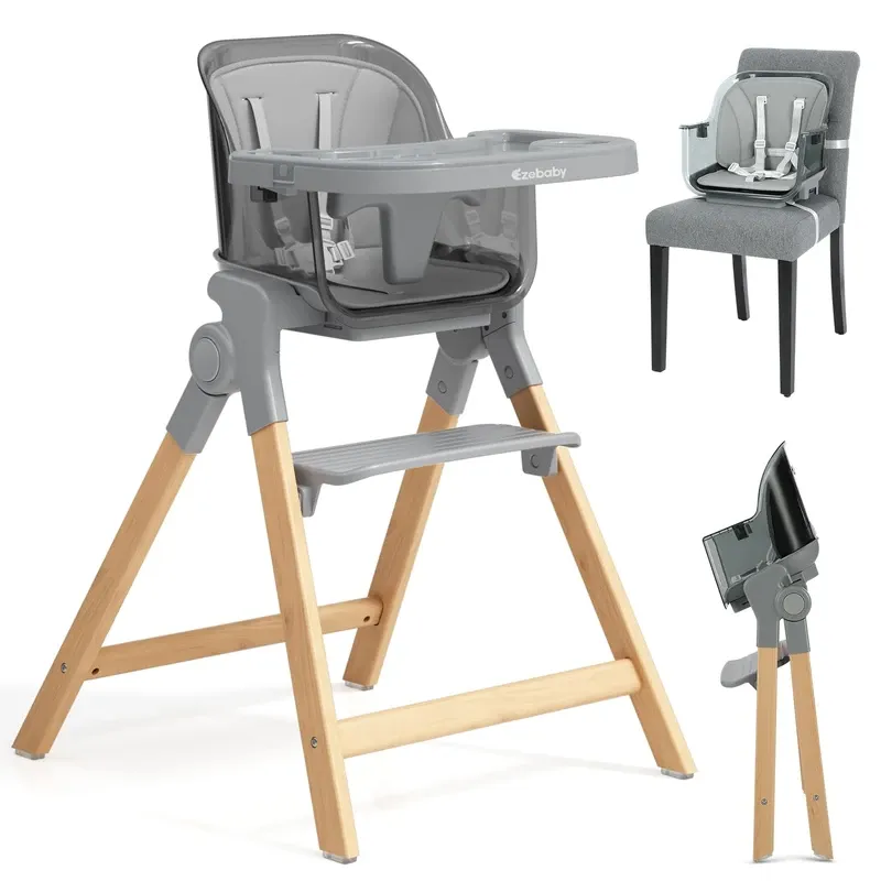 Photo 1 of Ezebaby High Chairs for Babies and Toddlers, Foldable Wooden High Chair, 2-in-1 Convertible to Dining Booster Seat, Easy Clean Baby High Chair with Large Adjustable Tray - Transparent Light Gray