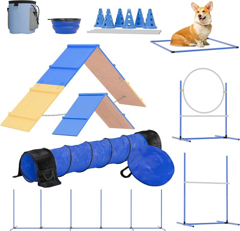 Photo 1 of FetchFlow Dog Agility Training Equipment – Complete Backyard Agility Course Set w/Adjustable A-Frame Ladder, Weave Poles, Cones, Jump Hoop, Tunnel & Sandbags – Outdoor Dog Playground Kit
