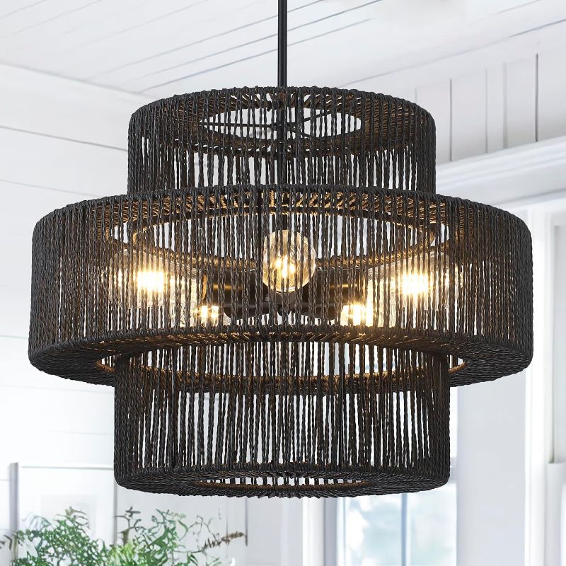 Photo 1 of 22" Black Boho Rattan Chandelier Light Fixture Hand Woven Farmhouse Pendant Lighting Rustic Boho Chandeliers for Dining Room Living Room Hallway Foyer 5-Lights
