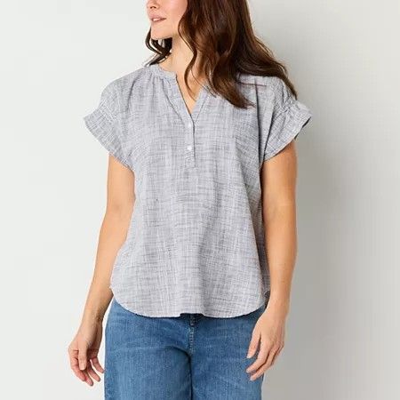 Photo 1 of Liz Claiborne Womens V Neck Short Sleeve Blouse, Large, Blue