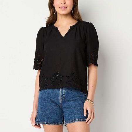 Photo 1 of A.n.a Eyelet Womens V Neck Short Sleeve Blouse, Medium, Black