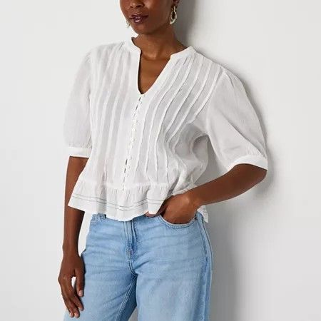 Photo 1 of A.n.a Pleated Womens Split Crew Neck Elbow Sleeve Button Down Blouse, Large, White