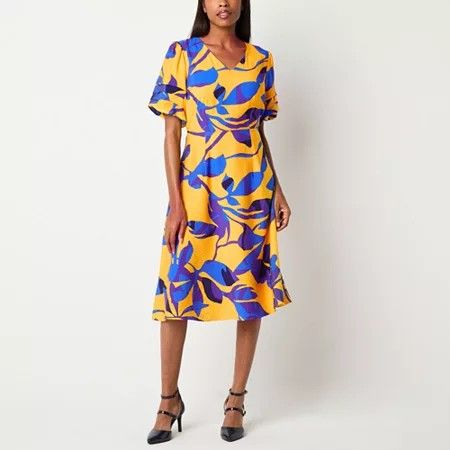 Photo 1 of Liz Claiborne Womens Short Sleeve MIDI Floral a-Line Dress, 16, Yellow