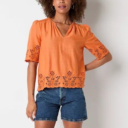 Photo 1 of A.n.a Eyelet Womens V Neck Short Sleeve Blouse, Medium, Orange