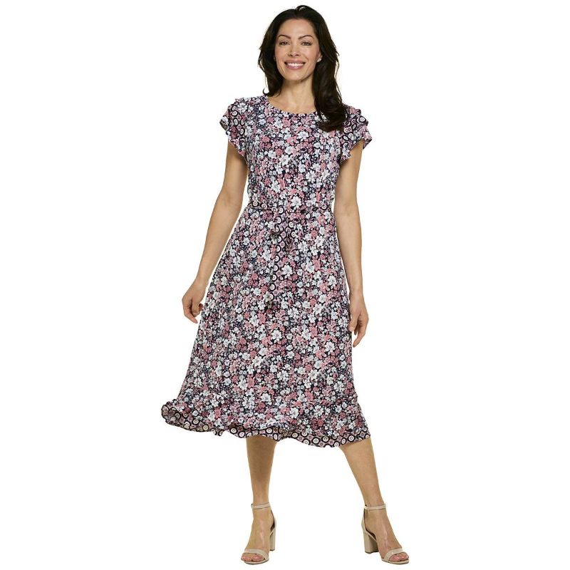 Photo 1 of Perceptions Womens Short Sleeve Floral MIDI Fit + Flare Dress, X-large, Blue
