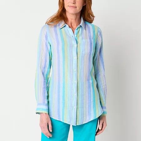 Photo 1 of St. John's Bay Womens Long Sleeve Roll Tab Sleeve Regular Fit Button-Down Shirt, Medium, Blue