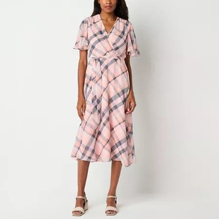Photo 1 of Liz Claiborne Womens Short Sleeve Plaid MIDI a-Line Dress, 20, Pink