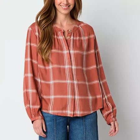 Photo 1 of A.n.a Womens Plaid Split Crew Neck Long Sleeve Balloon Sleeve Regular Fit Button-Down Shirt, Small, Brown