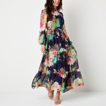 Photo 1 of Melonie T Womens Long Sleeve Floral Maxi Dress, 10, Blue