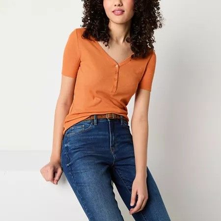 Photo 1 of A.n.a Womens Short Sleeve Ribbed Henley Shirt, Petite Xx-large, Orange
