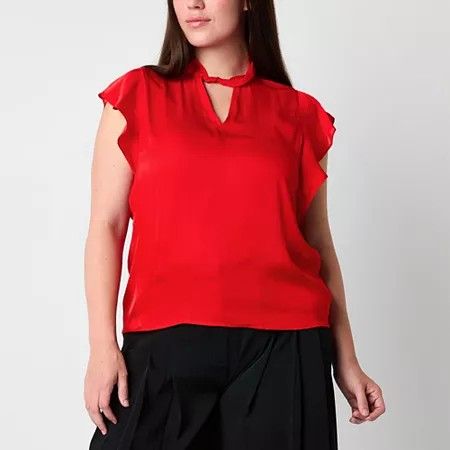 Photo 1 of Worthington Womens Keyhole Neck Short Sleeve Satin Blouse, Large, Red
