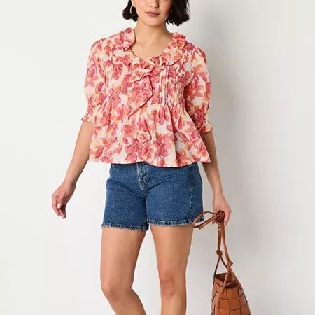 Photo 1 of A.n.a Womens V Neck Short Sleeve Embroidered Blouse, Large, Pink
