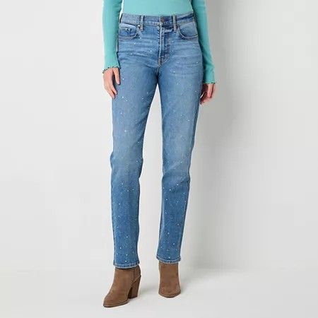 Photo 1 of A.n.a Tall Embellished Womens High Rise Straight Leg Jean, 10 Tall, Blue
