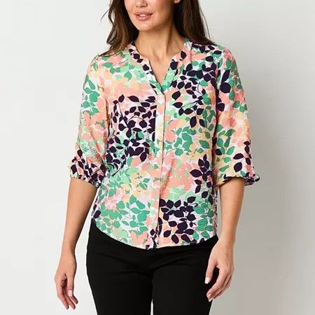 Photo 1 of Liz Claiborne Womens Split Crew Neck 3/4 Sleeve Fitted Sleeve Regular Fit Button-Down Shirt, Medium, White
