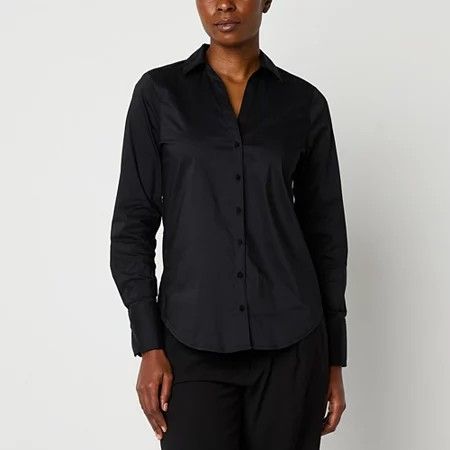 Photo 1 of Worthington Womens Long Sleeve Cuffed Sleeve Regular Fit Button-Down Shirt, X-small, Black
