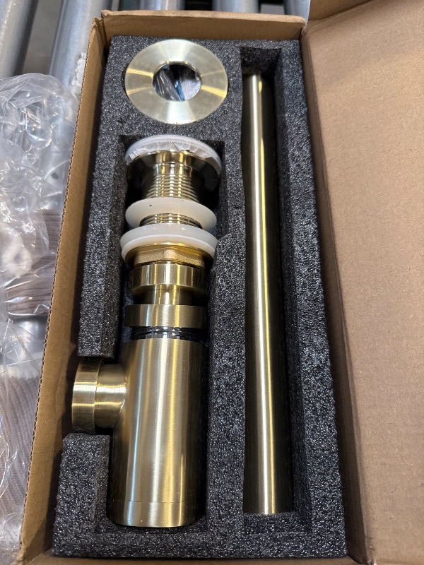 Photo 1 of GORDEE Bathroom Sink Stopper P-Trap Complete Set Adjustable 1-1/4 Bottle Trap Solid Brass Sink Drain Kit Tube and Pop Up Drain Stopper Set without Overflow, Brushed Gold