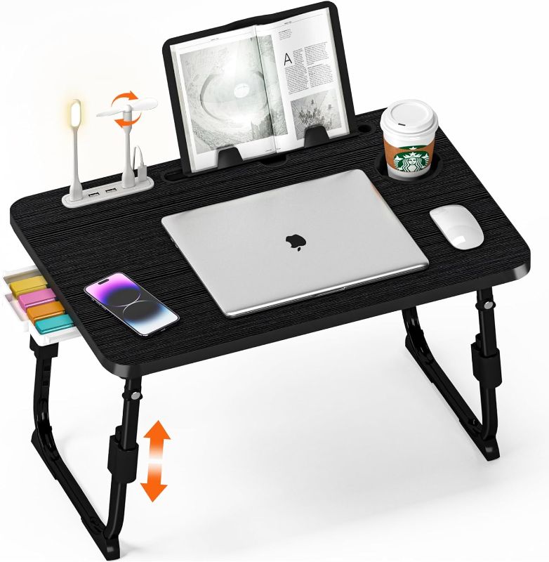 Photo 1 of Laptop Desk for Bed Height Adjustable, Lap Bed Table with USB/Storage Drawer/Cup Holder/Tablet Stand/Book Shelf, Foldable Breakfast Tray Portable for Reading Writing, Sofa & Floor, Black
