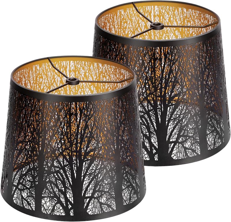 Photo 1 of Metal Lamp shades Set of 2, Drum Lam pshades 7.9" Top x 9.8" Bottom x 7.9" High,Small Lampshades,With Pattern of Forest,For Table Lamp - Lampshades Replacement (Forest)
